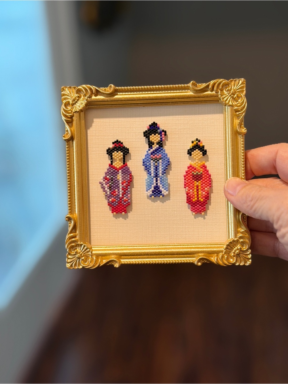 Framed Kimono Girls Miniature Art • Handmade Seed Bead Decor - Picture 3 of 7